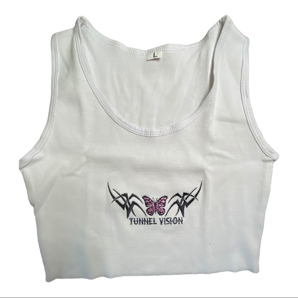 💓 TUNNEL VISION CROP TANK WITH CUTE PRINT LOGO DESIGN | White | Size L 💓